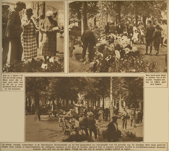 870122 Collage van 3 foto's betreffende de bloemenmarkt op het Janskerkhof te Utrecht.